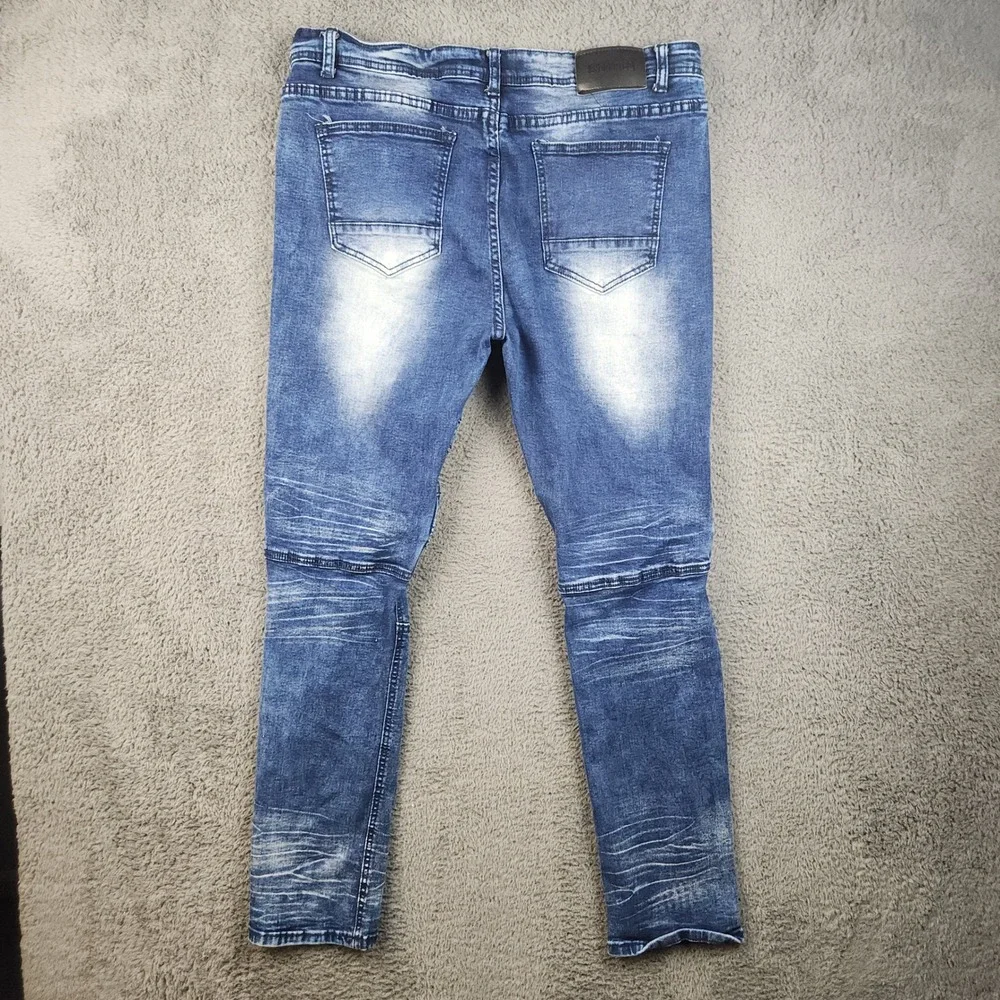 Encrypted Jeans Mens 38x32 Blue Distressed Ripped Moto Biker Denim Knee Panel